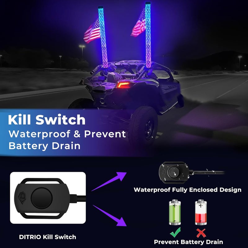 DITRIO 2 Pack 1FT Fat Whip Lights with App & Remote Control, Spiral RGB Chasing Lighted with Kill Switch, Side by Side Whip Lights with 4 Flags for UTV ATV SXS Truck, Multi Color, Waterproof, Music Mode - Image 5